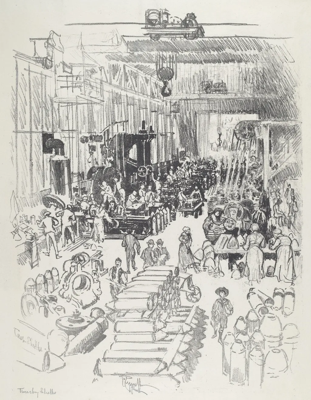 Finishing Shells, by Joseph Pennell, ink, 1916