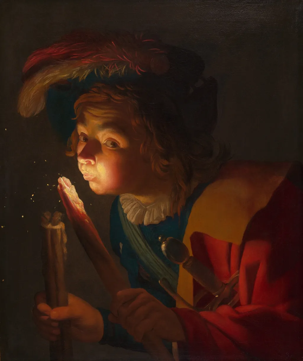 A Boy Blowing on a Firebrand, by Gerard van Honthorst, oil, 1621