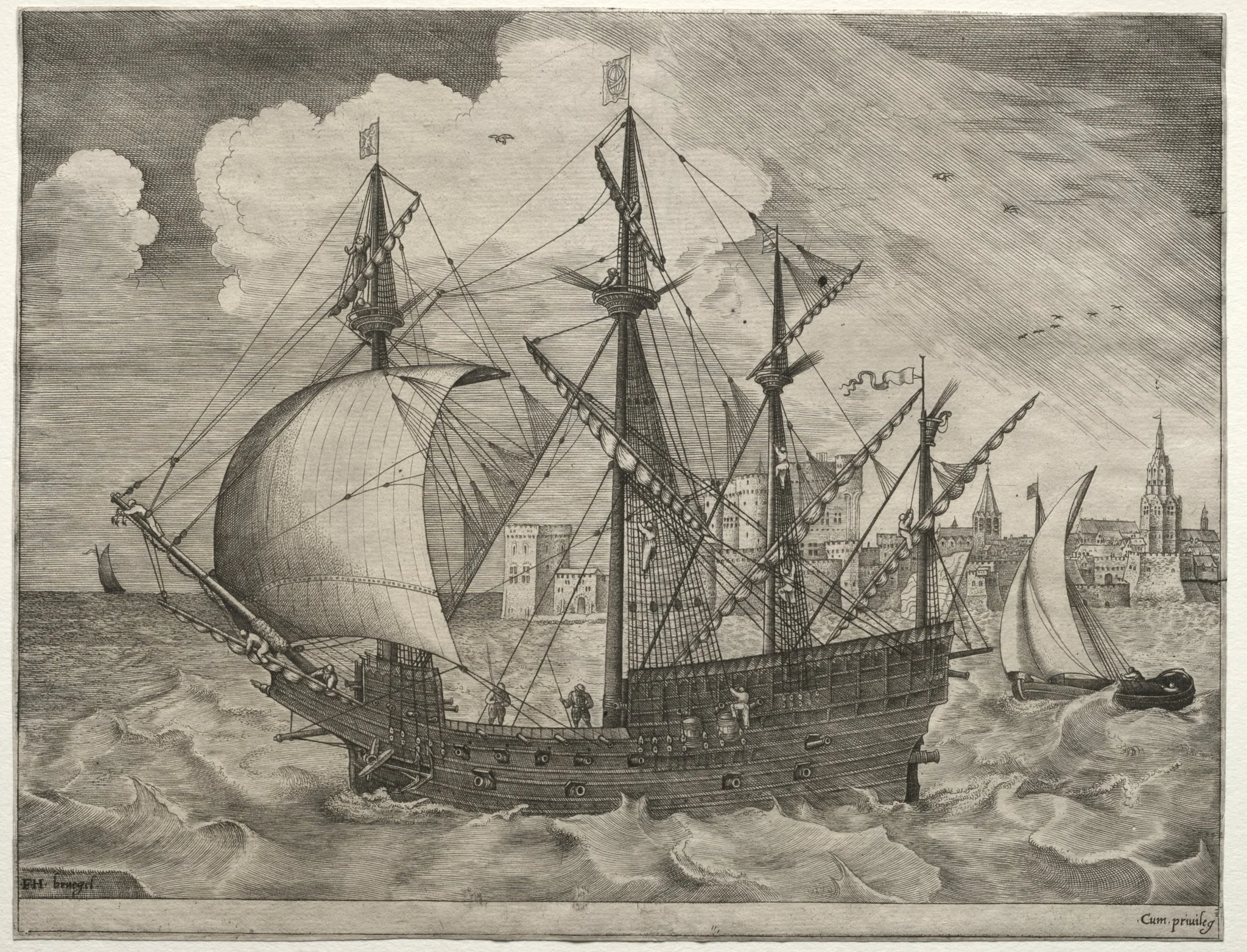 Sailing Vessels: Armed Four-Master Putting Out to Sea, detail