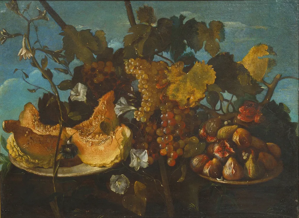 Still Life with Grapes, Figs and Pumpkin, by Michele Pace del Campidoglio, oil, 1650