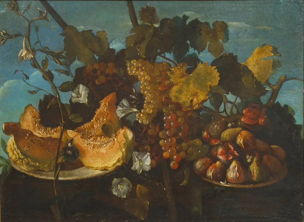 Still Life with Grapes, Figs and Pumpkin, by Michele Pace del Campidoglio, oil, 1650
