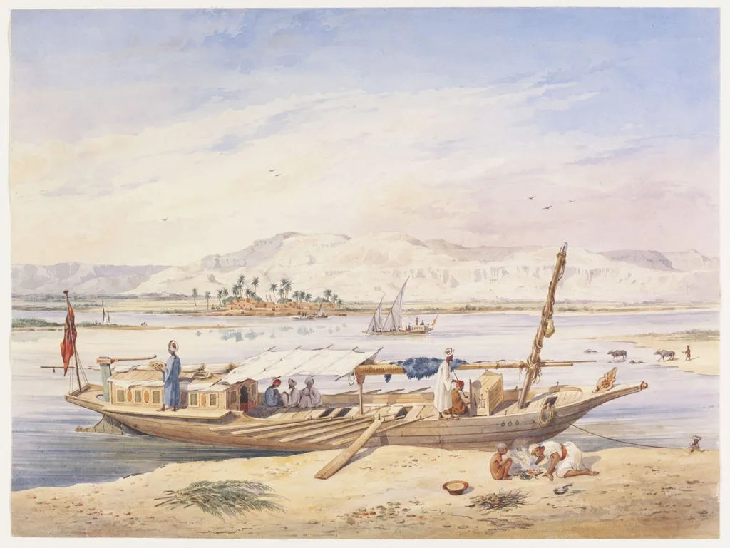 J.W.P.'s Kanja moored beside the East bank of the Nile at Luxor, by Achille-Constant-Théodore-Emile Prisse d'Avennes, watercolor, 1840