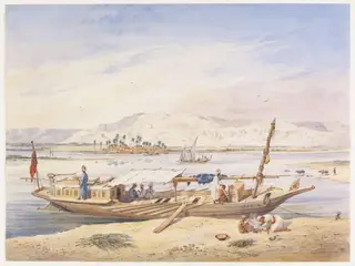 J.W.P.'s Kanja moored beside the East bank of the Nile at Luxor, by Achille-Constant-Théodore-Emile Prisse d'Avennes, watercolor, 1840
