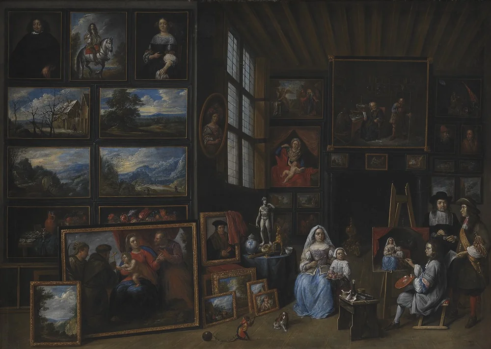 Et billedgalleri med en kunstner, der maler en kvinde og en pige. Allegori over malerkunsten, detail
