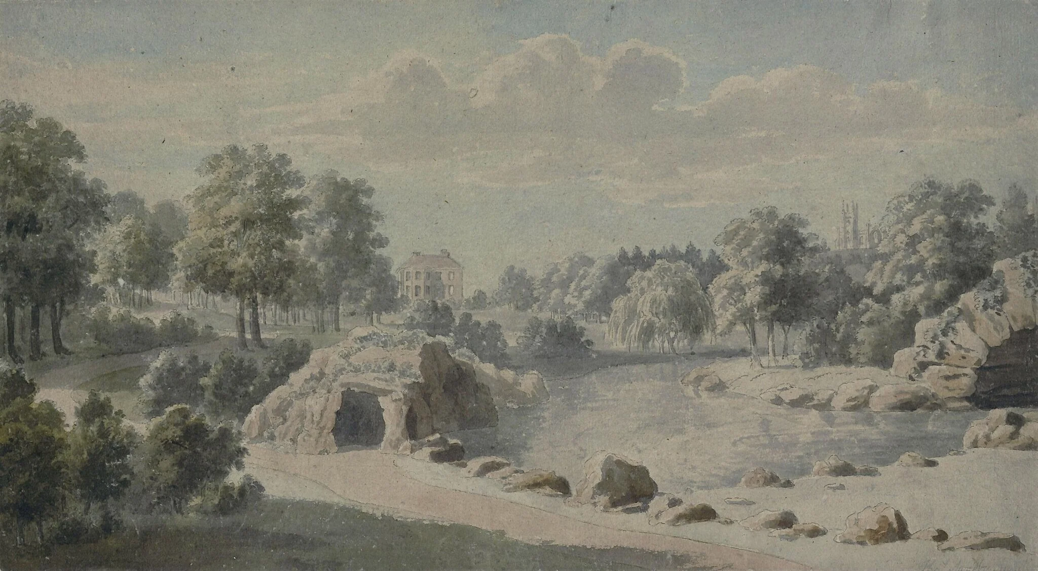Park Landscape with House, Church, and Ornamental Water, detail