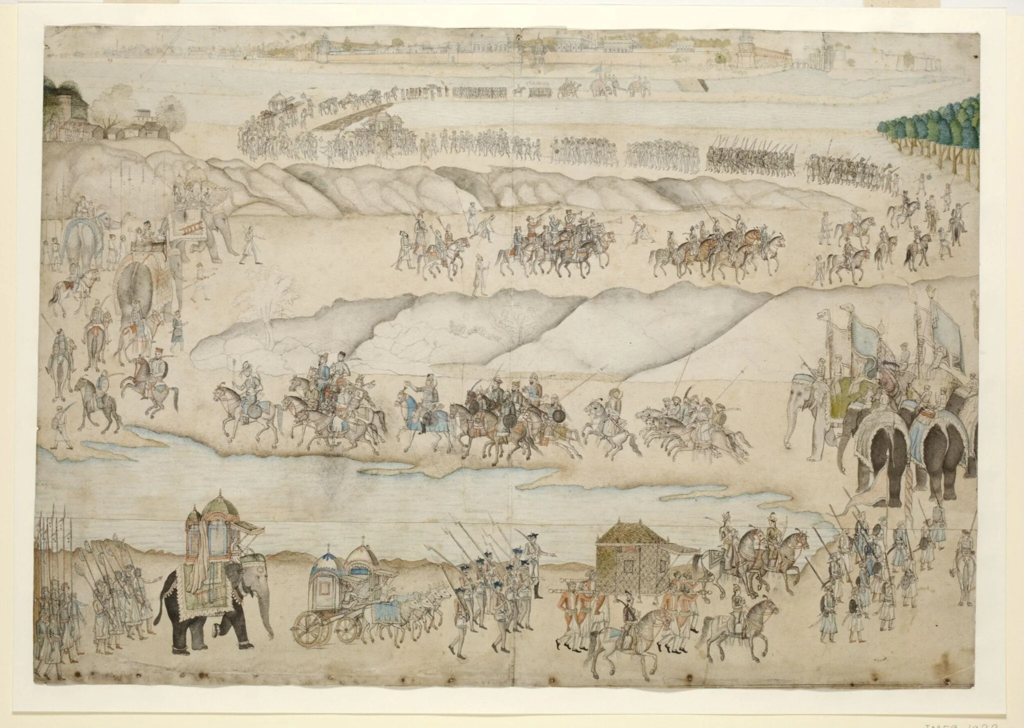 The royal procession of Shah Alam II proceeding to Delhi along the banks of the channels of the river Jumna and crossing a bridge of boats., detail