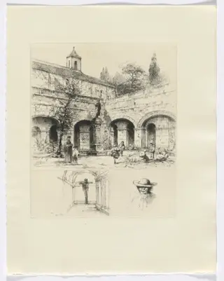 Frédéric Mistral: Mémoires et Recits by Frédéric Mistral: figures in a cloister/ crucifix and bust of a man (insert after p. 56), by Auguste Brouet, 1937