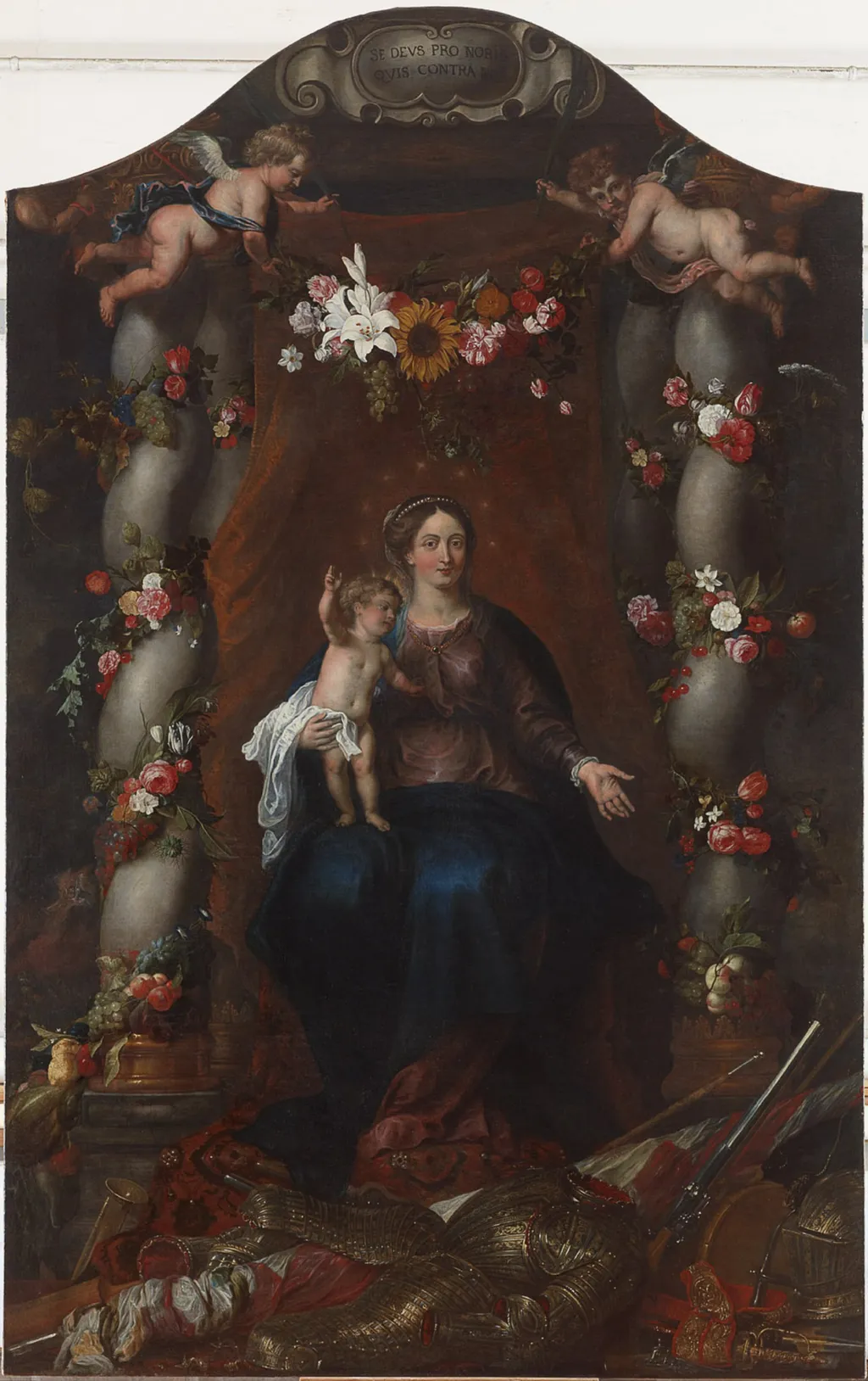 Madonna and Child Enthroned in a Fruit & Flower Garland, by David Teniers the Younger, oil, 1648