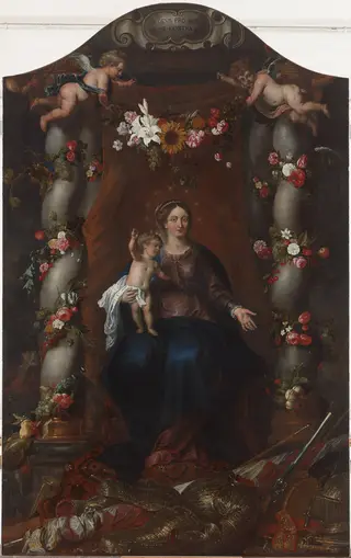 Madonna and Child Enthroned in a Fruit & Flower Garland, by David Teniers the Younger, oil, 1648