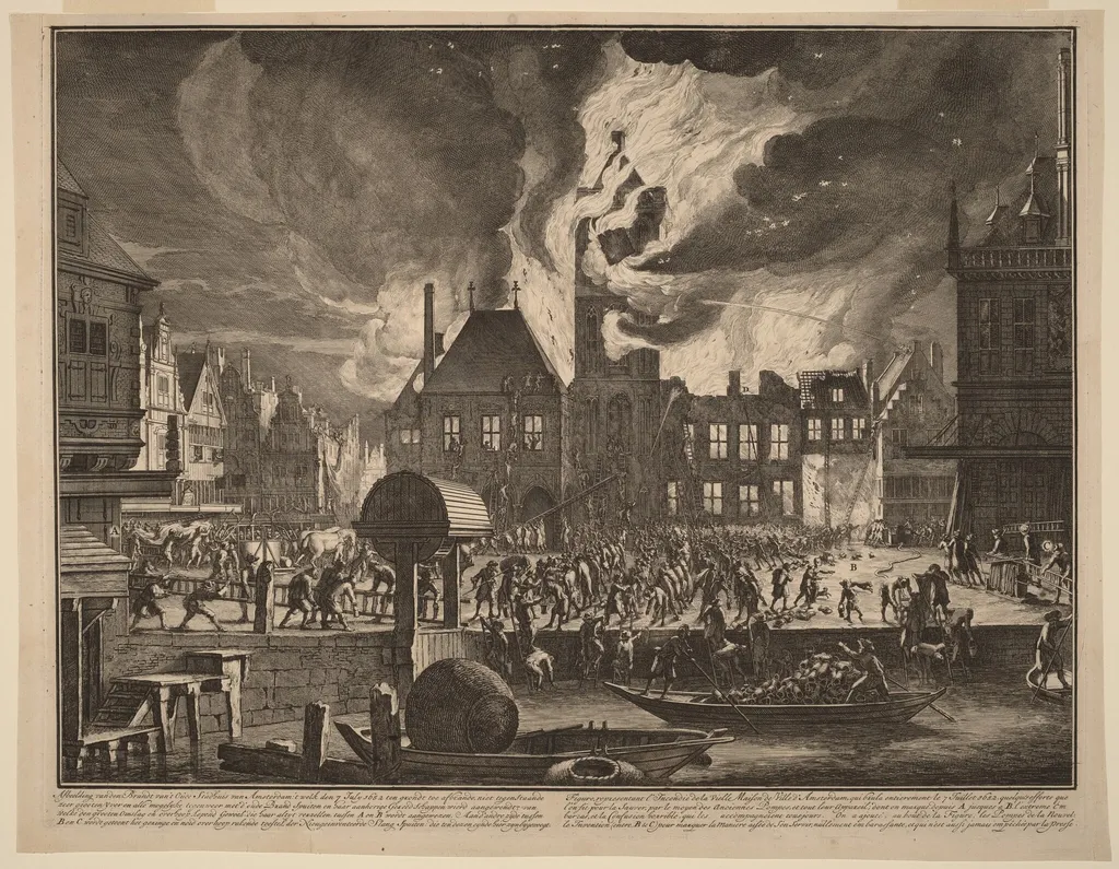 Burning of the Old Amsterdam Town Hall, by Jan van der Heyden, ink, 1690