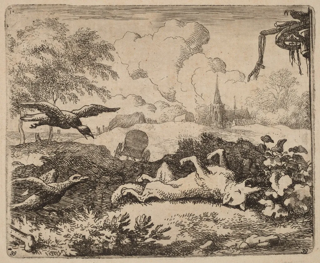 Reynard and the Crows, by Allart van Everdingen, ink, 1650