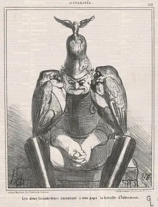 Le deux grands ducs racontant ...Inkermann, by Honoré Daumier, ink, 1854