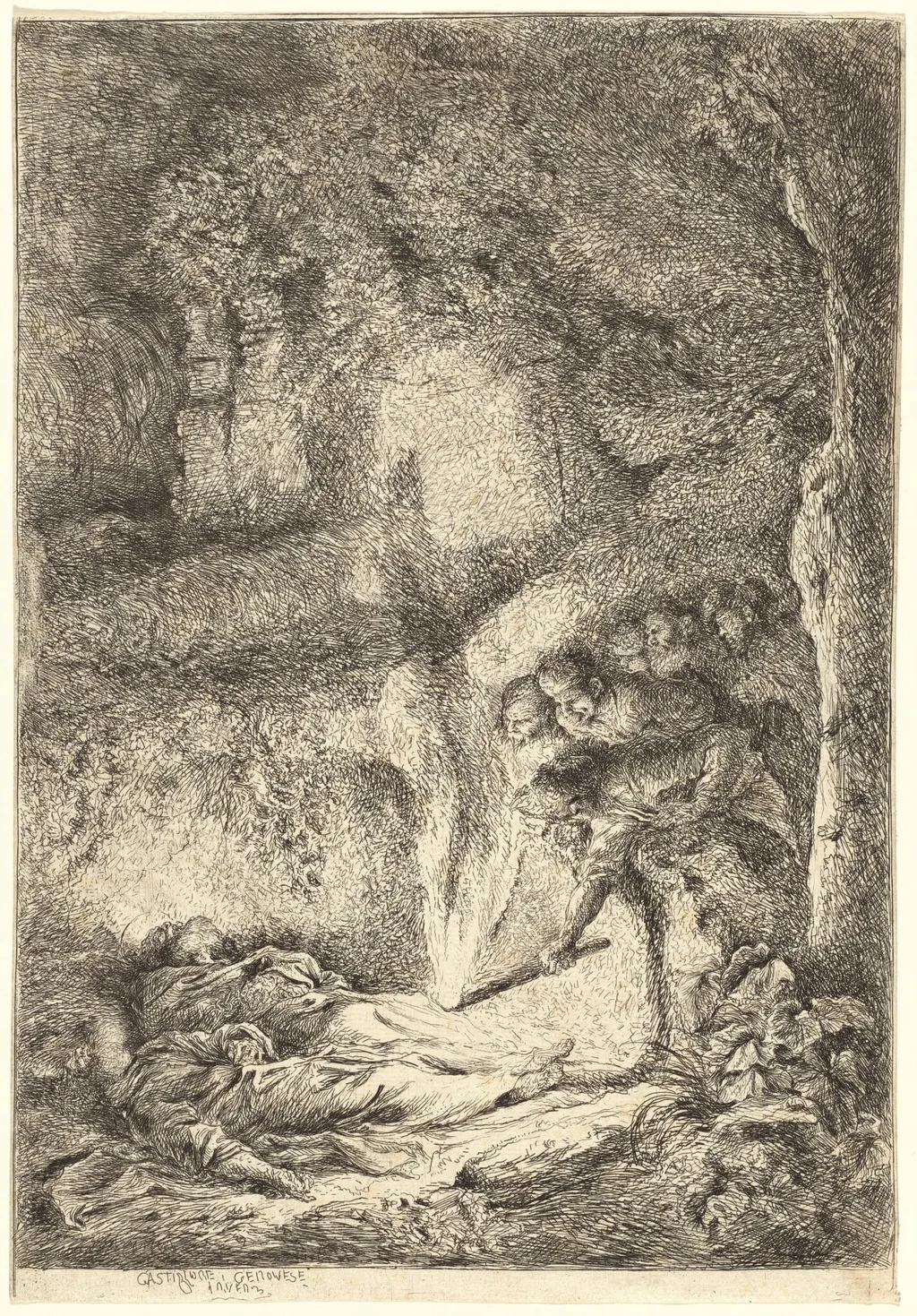 The Bodies of Saints Peter and Paul Hidden in the Catacombs, by Giovanni Benedetto Castiglione, ink, 1646