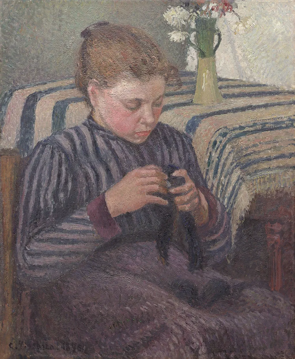 Woman Mending, by Camille Pissarro, oil, 1898
