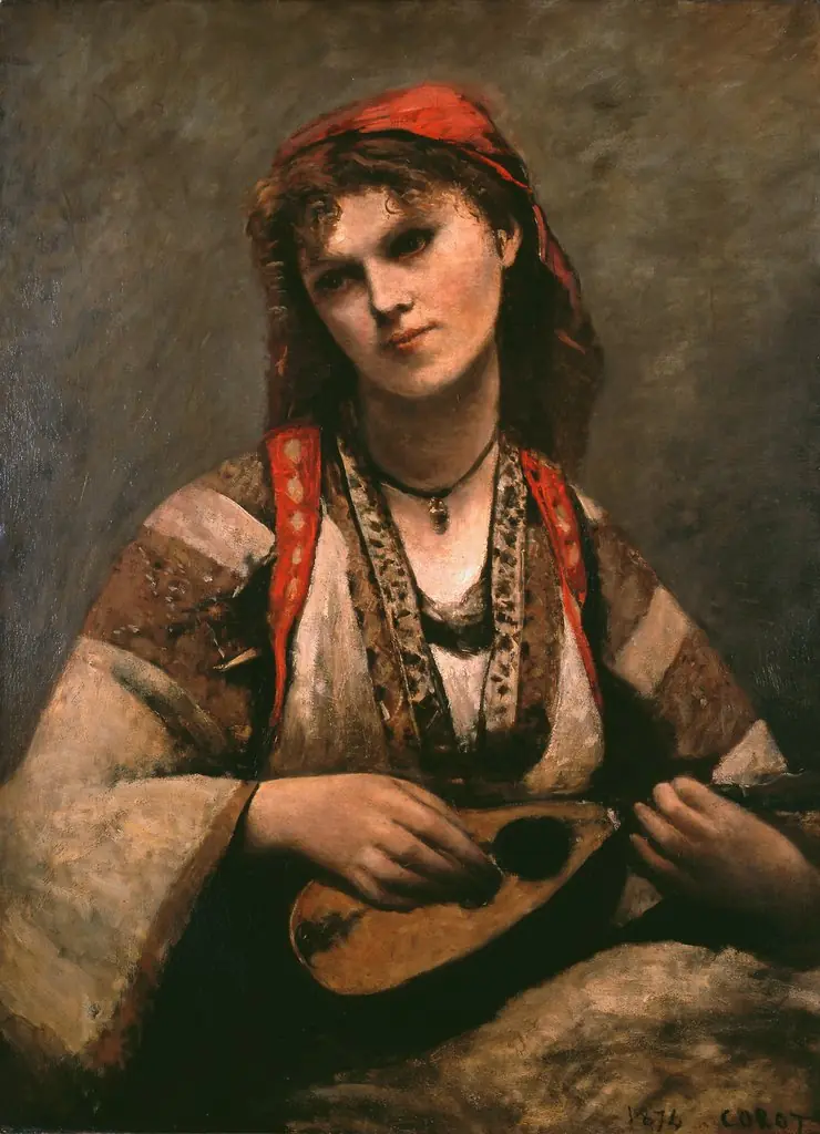 Gypsy Girl with Mandolin., by Jean Baptiste Camille Corot, oil, 1874