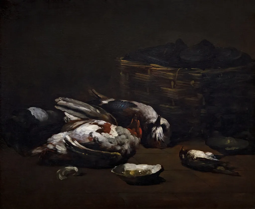 Still Life with Dead Birds and a Basket of Oysters, by Germain Théodule Clément Ribot, oil, 1870