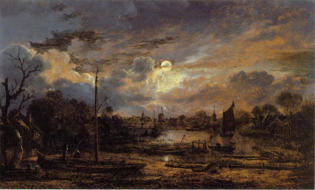 River Landscape with Moonshine, by Aert van der Neer, oil, 1655
