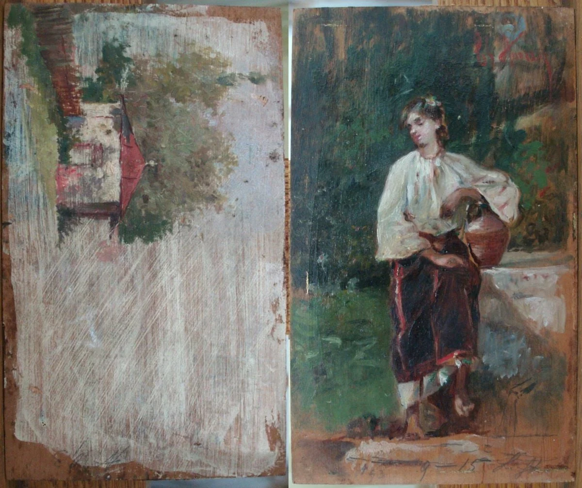 Fata cu ulciorul lângă fântână; Schiță peisaj cu casă (verso), detail