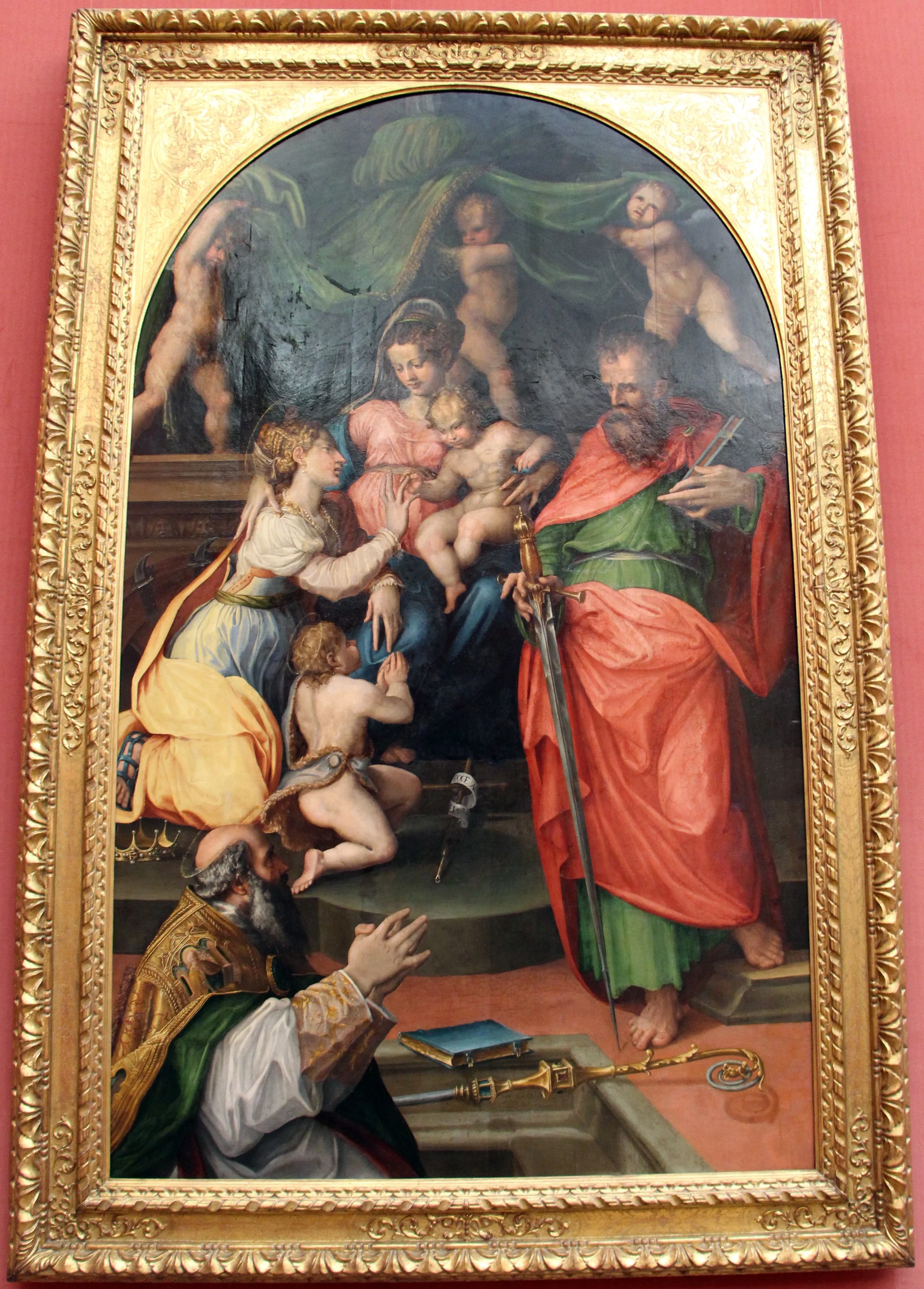 Thronende Madonna mit Heiligen Katharina von Alexandrien, Paulus, Augustinus und dem Johannesknaben, detail