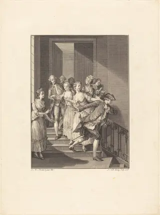 Saint-Preux sort de chez des femmes du monde, by Nicolas Delaunay, ink, 1776