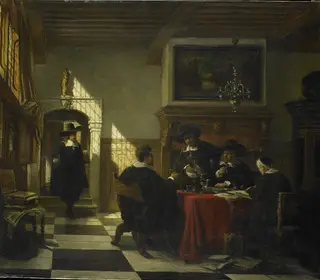 Gezelschap in 17e-eeuwse dracht bij een tafel waarop een Nautilusbeker, by Johannes Anthonie Balthasar Stroebel, oil, 1873