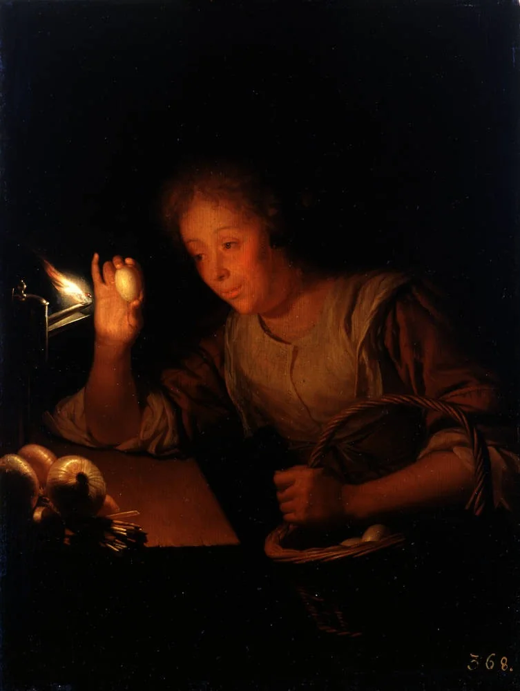 Woman holding an Egg up against a Lamp, detail