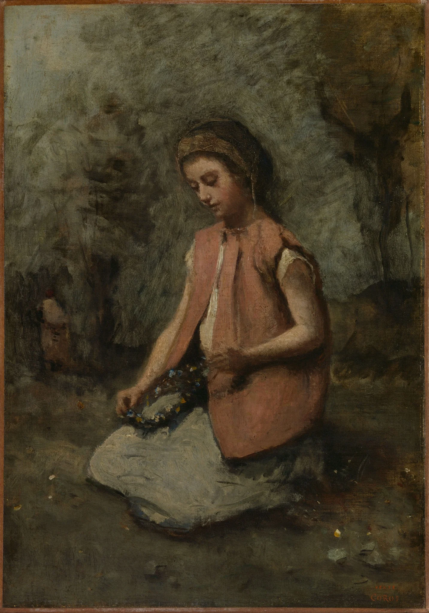 Girl Weaving a Garland, detail