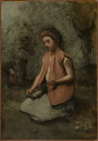 Girl Weaving a Garland, by Jean Baptiste Camille Corot, oil, 1860