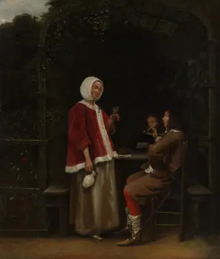A Woman and Two Men in an Arbor, by Pieter de Hooch, oil, 1657