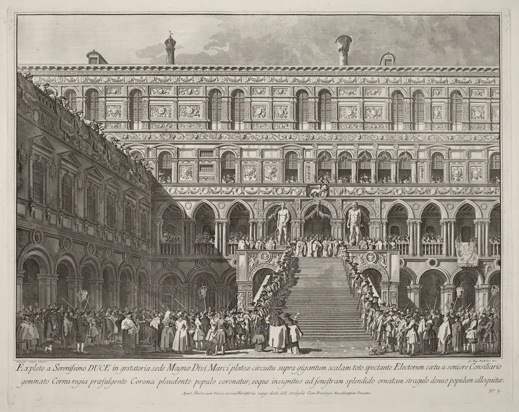 The Doge Crowned on the Scala dei Giganti of the Ducal Palace, by Giovanni Battista Brustolon, ink, 1764