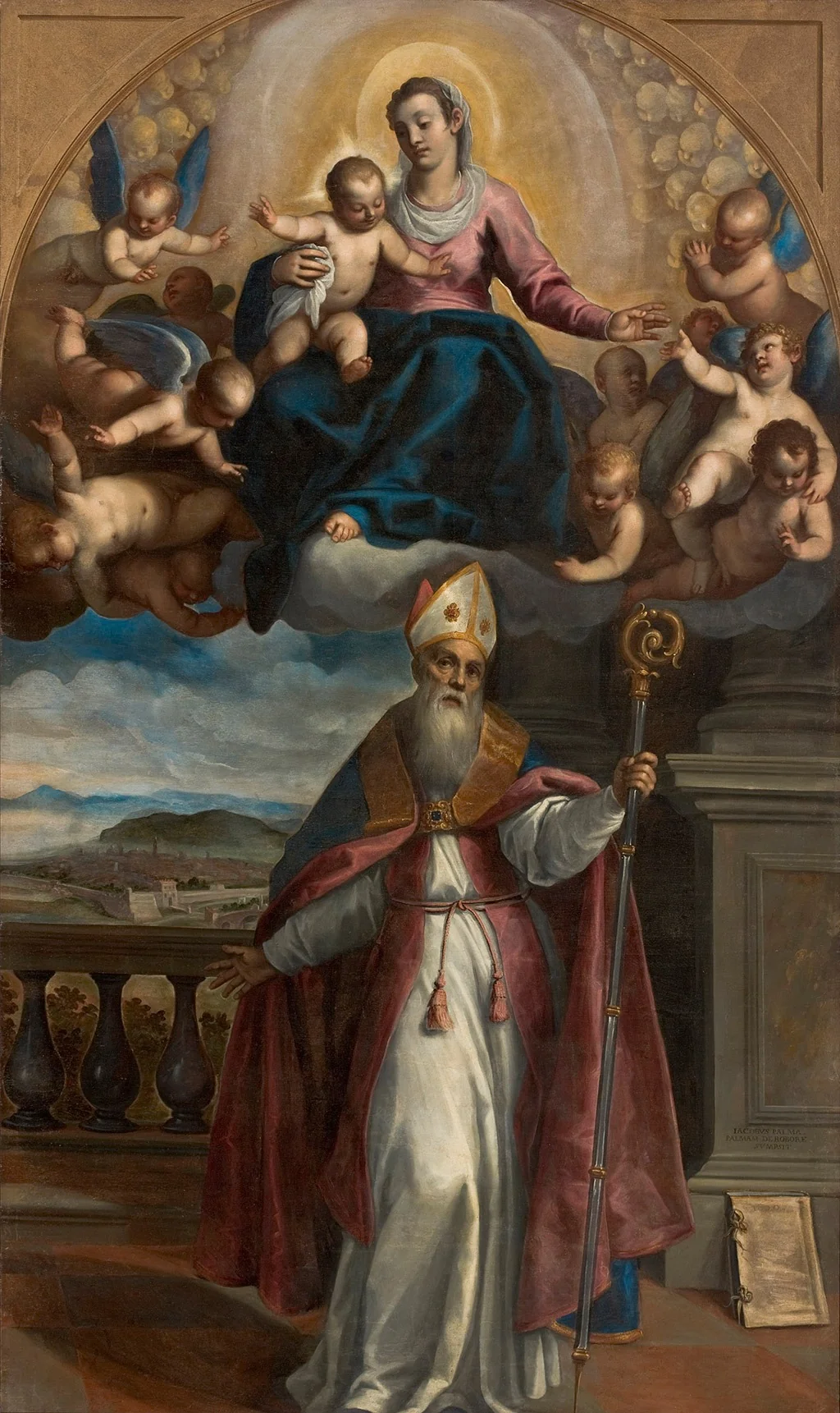 Aparição da Virgem com o Menino a santo Ubaldo, bispo de Gubbio, que indica ao fundo a cidade de Pesaro, detail