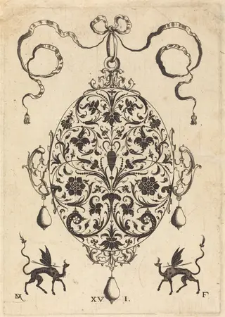 Large Pendant, Upright Oval with Floral Ornament, by Daniel Mignot, ink, 1596
