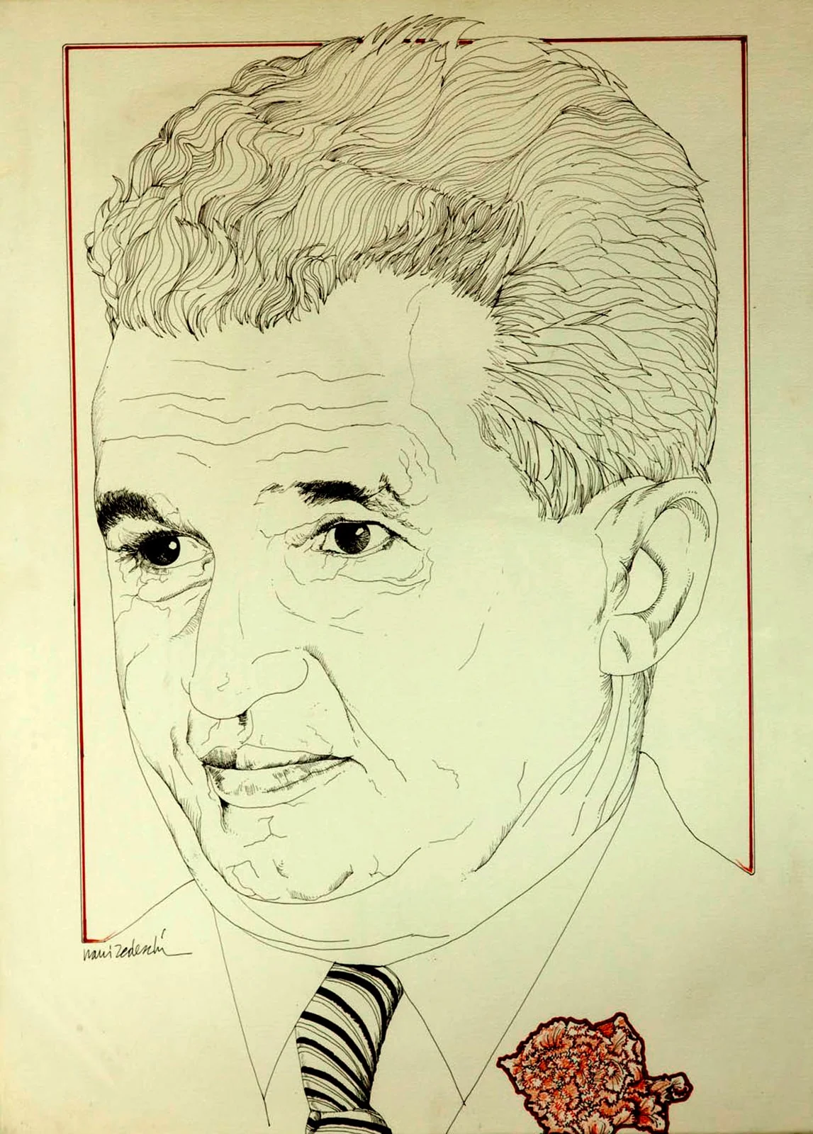 Grafică, portretul lui Nicolae Ceaușescu, semnat stânga jos Nanni Tedeschi, nedatat. Oferit de delegația italiană condusă de Benito Craxi cu ocazia vizitei în România. București, noiembrie 1978., detail