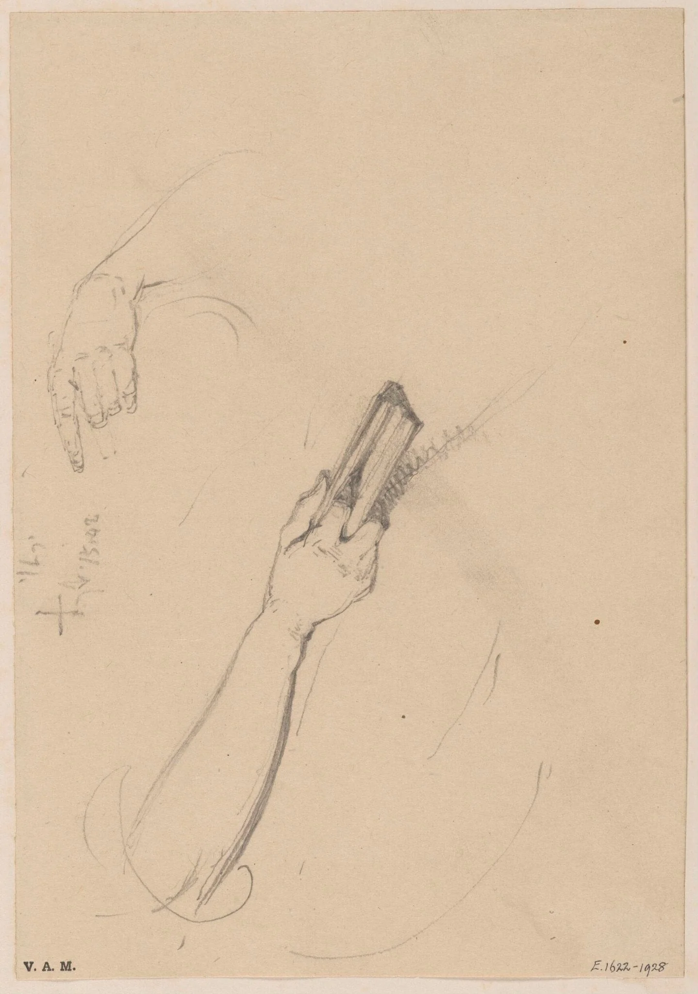 Studies of arms and hands, one holding a book, detail