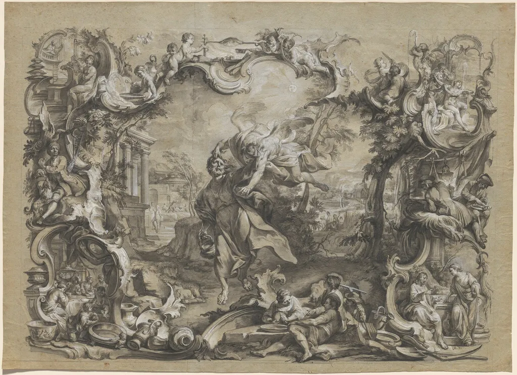 The Angel Carrying off Habakkuk by His Hair, Surrounded by an Elaborate Rococo Frame, by Johann Wolfgang Baumgartner, ink, 1750