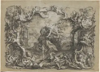 The Angel Carrying off Habakkuk by His Hair, Surrounded by an Elaborate Rococo Frame, by Johann Wolfgang Baumgartner, ink, 1750