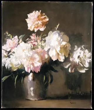 Still Life: Vase of Peonies, by Edmund Charles Tarbell, oil, 1925