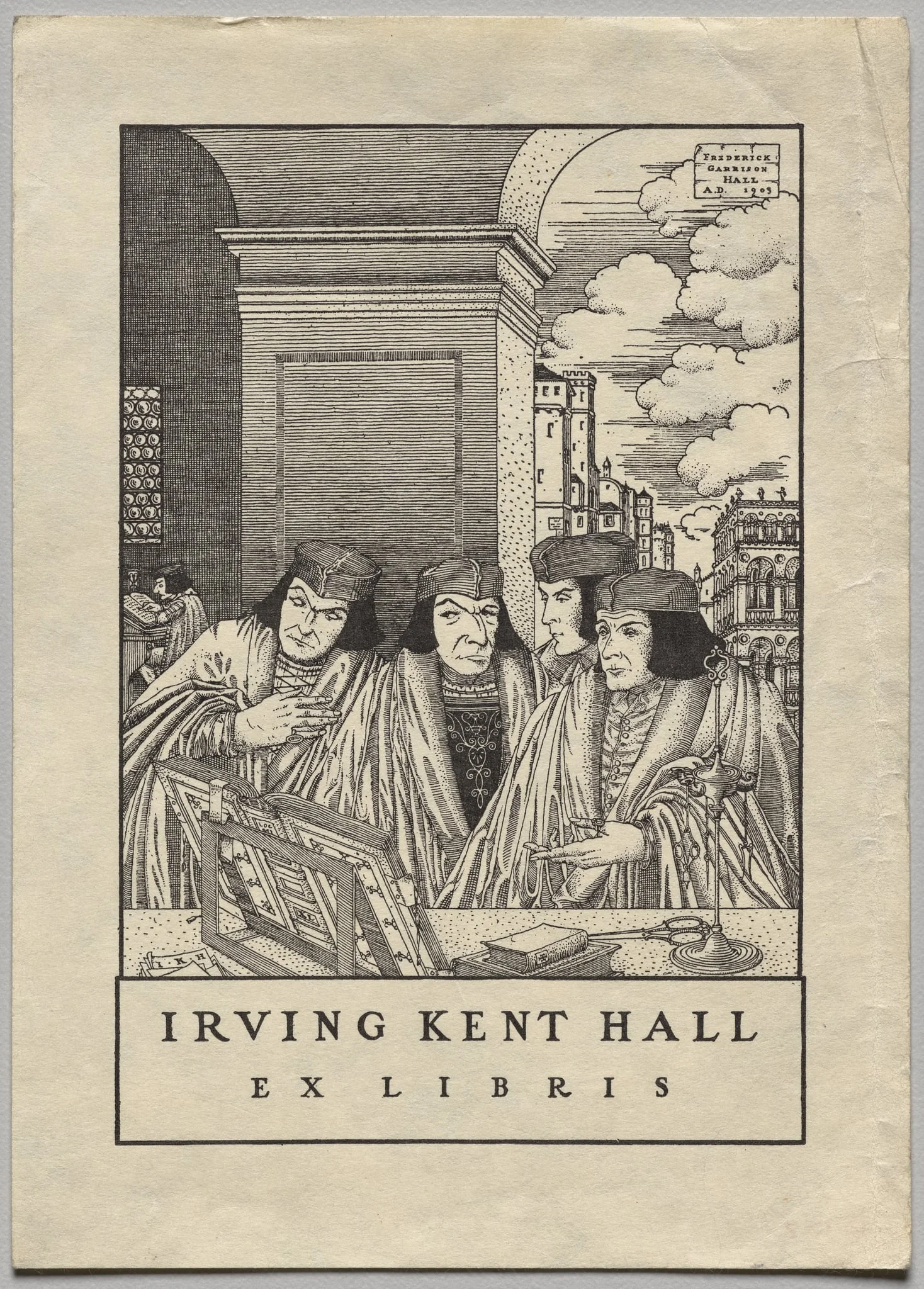 Bookplate: Irving Kent Hall, Ex Libris inscribed, detail