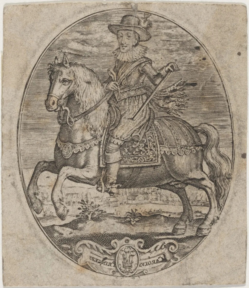 Charles I, King of England, on Horseback, by Simon van de Passe, ink, 1621