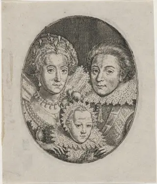 Frederick V, Elizabeth, and Prince Frederick Henry, by Simon van de Passe, ink, 1621
