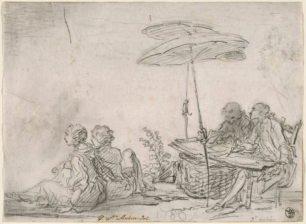 Draftsmen Outdoors, by Gabriel de Saint-Aubin, chalk, 1760