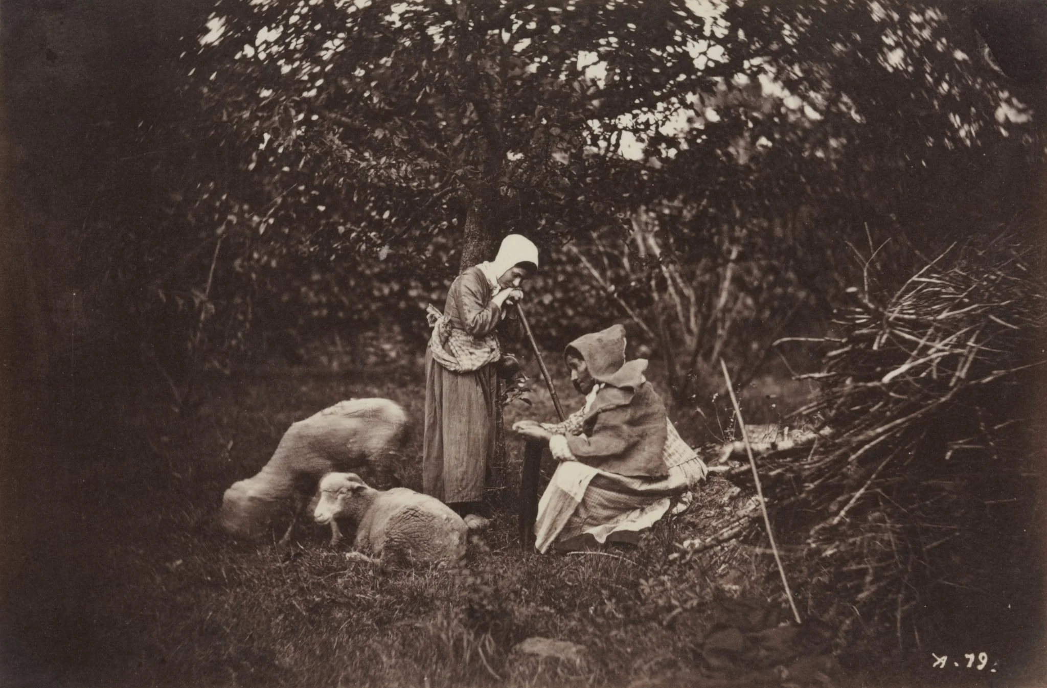 Two Shepherdesses Resting with Two Sheep, detail