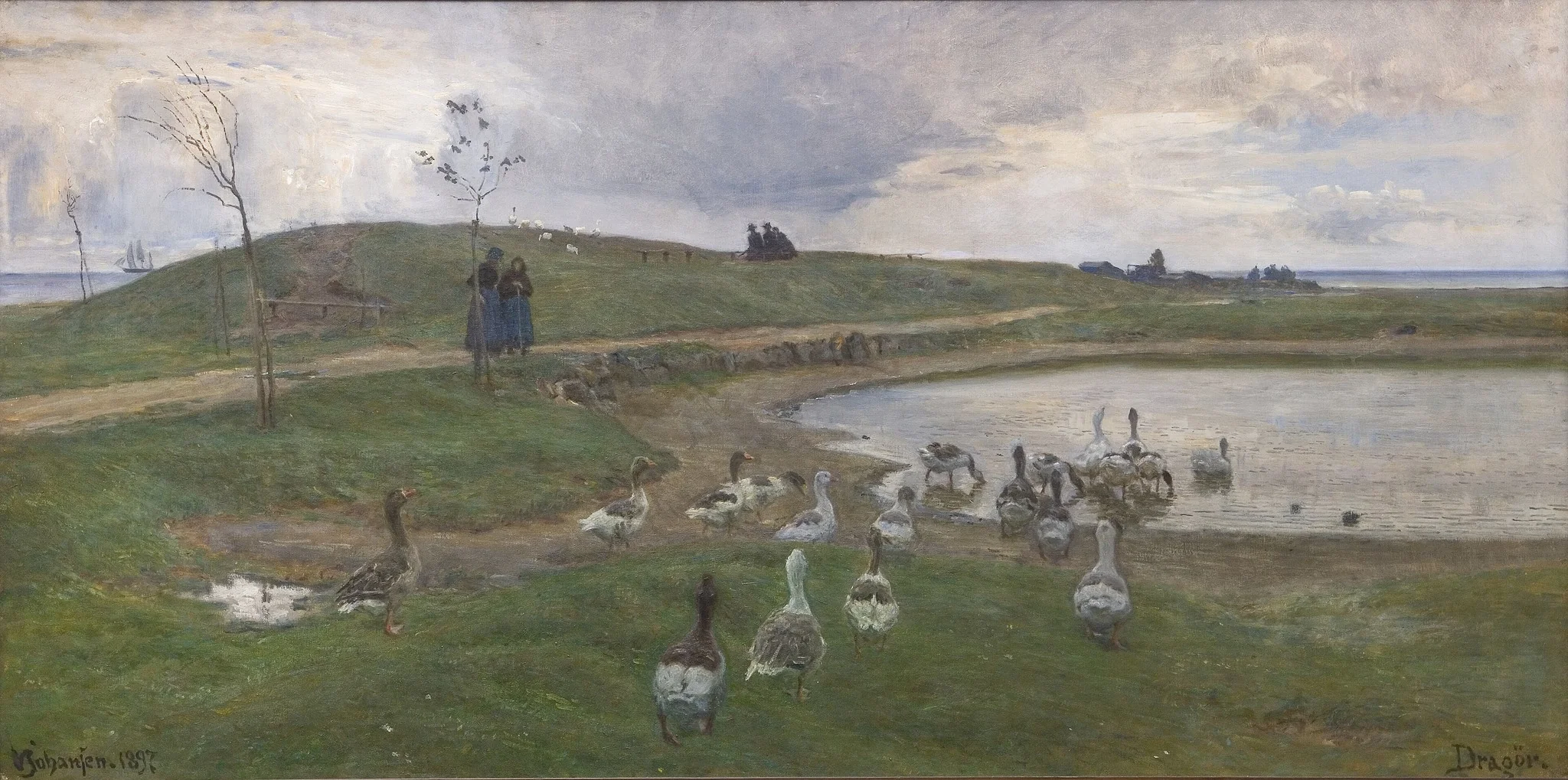 Gæs ved en sø. Mod uroligt vejr. Dragør, detail