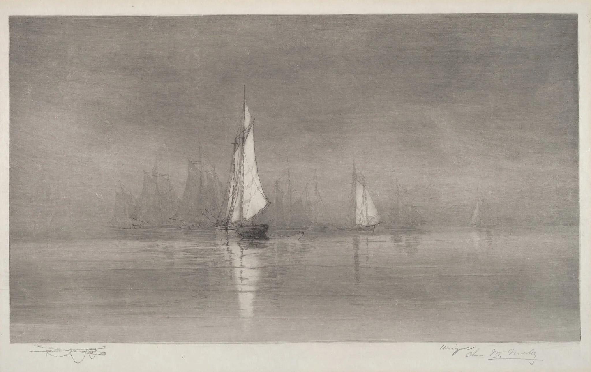 Untitled (Harbor Scene with Sailboats), detail