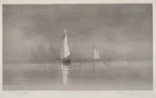 Untitled (Harbor Scene with Sailboats), by Charles Frederick William Mielatz, ink, 1900