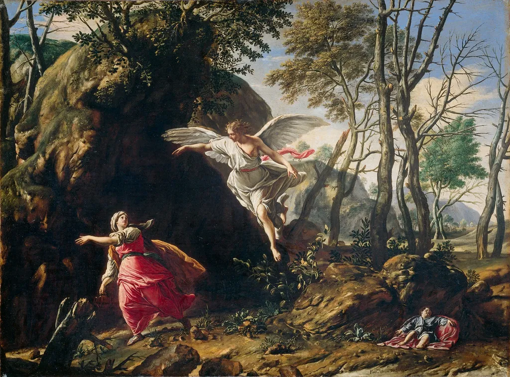 Hagar and Ishmael in the Desert, by Francesco Cozza, oil, 1665