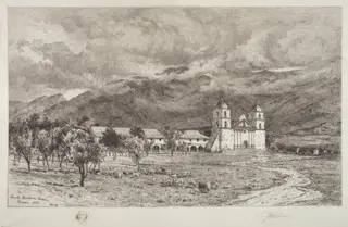 Santa Barbara Mission, by Peter Moran, ink, 1886