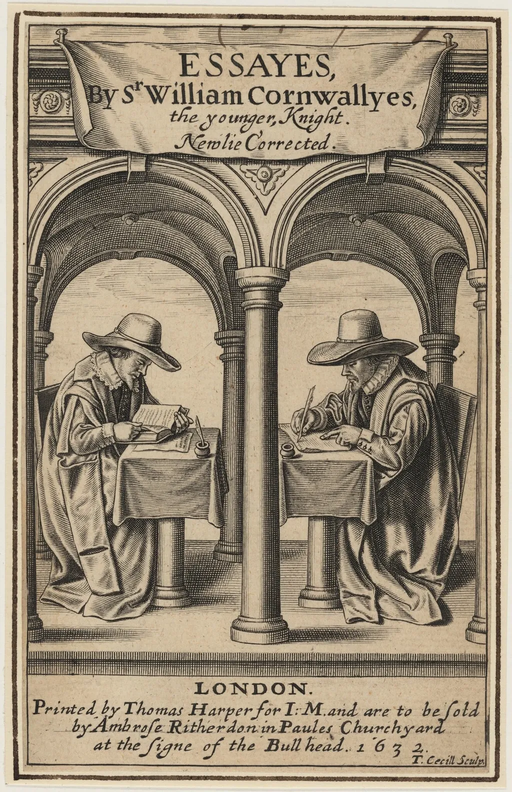 Title Page to Sir William Cornwally's Essays, by Thomas Cecil, ink, 1621