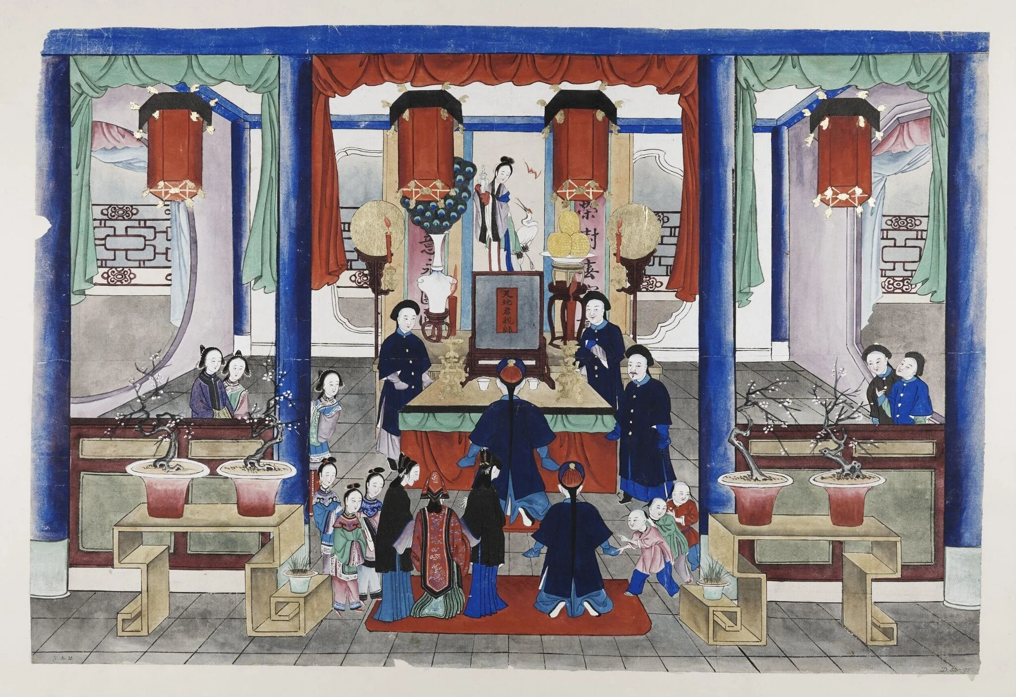 One scene of a wedding: bride and groom paying respect to the ancestors, detail