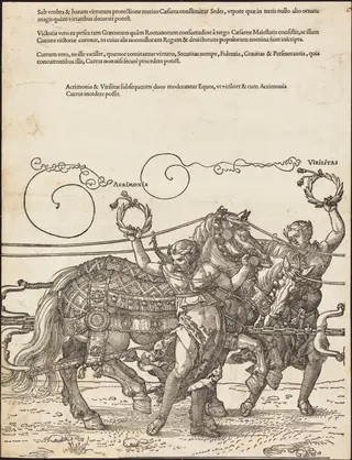 The Triumphal Chariot of Maximilian I (The Great Triumphal Car) [plate 6 of 8], by Albrecht Dürer, ink, 1523